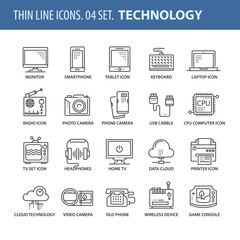Set of thin line flat icons. Technology