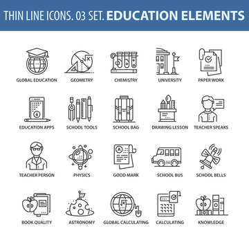 Set of thin line flat icons. Education