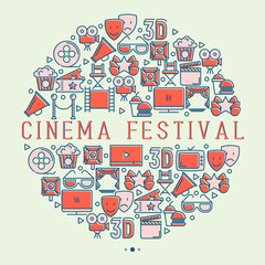 Cinema festival concept in circle with thin line icons related to film. Vector illustration for banner, web page, announcement.