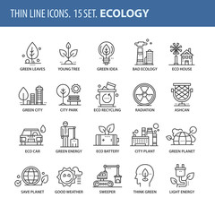 Set of thin line flat icons. Ecology