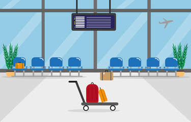 Background of hall at airport. Flat style, vector illustration with big with large windows, seats, airplane and bags
