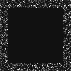 Random falling white dots. Square scattered border with random falling white dots on black background. Vector illustration.