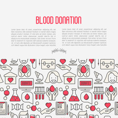 Blood donation concept for web page, banner, print media with thin line icons. World blood donor day. Vector illustration.