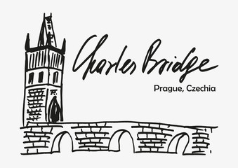 Hand drawn sketch of Charles bridge as one of symbol of Prague in Czech republic. Vector illustration