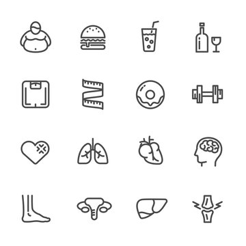 Dietary causes, health effects of obesity. vector line icons