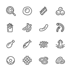 Fried foods and high fat foods leads to obesity. Vector line icons
