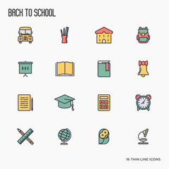 Back to school thin line icons set: school bus, globe, books, backpack, owl, bell, chalkboard. Vector illustration.