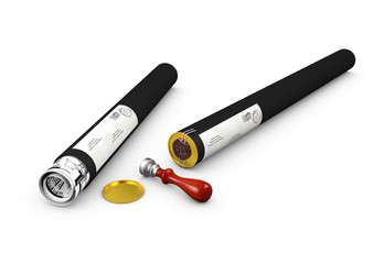 Drawing Tube with stamp, 3d illustration isolated white