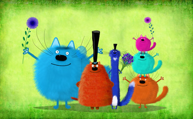 Big Company Of Colorful Cats Standing On Green Background