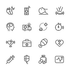 Heart attack first aid, Healthcare and medical icons set. Vector line icons