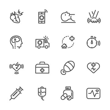 Heart attack first aid, Healthcare and medical icons set. Vector line icons