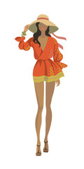 Fashion model in the summer orange dress.Trendy outfit vector illustration isolated on white