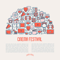 Cinema festival concept with thin line icons related to film. Vector illustration for banner, web page, announcement.