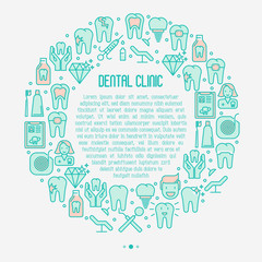 Dental clinic concept with thin line icons related to teeth treatment, dental equipment, oral hygiene. Vector illustration for web page, banner.