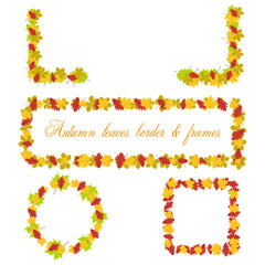 Set of vector borders, banner and frame with colorful autumn leaves. Elements for your autumn design. Isolated on white.