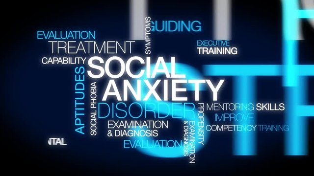 Social anxiety disorder (SAD) social phobia fear words tag cloud mental health therapy depression white text blue background animation