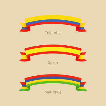 Ribbon With Flag Of Colombia, Spain And Mauritius.