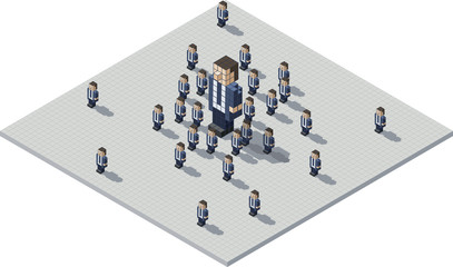 A cartoon illustration of a pixel business boss surrounded by a bunch of cloned minions