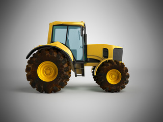 Tractor yellow 3d render on gray background