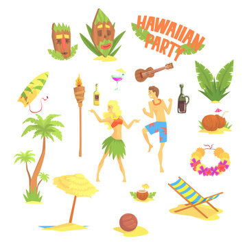 Hawaiian party set, Hawaii symbols vector Illustrations
