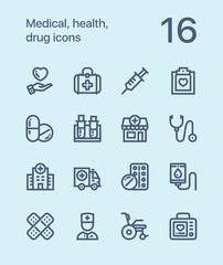 Fototapeta na wymiar Outline Medical, health, drug icons for web and mobile design pack 1