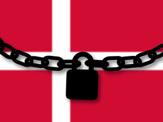 Denmark security. Silhouette of a chain and padlock over national flag