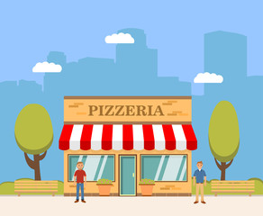 restaurant of Italian cuisine in flat style. A city landscape the building of cafe of a pizzeria in a vector.