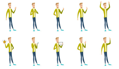 Caucasian businessman vector illustrations set.