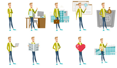 Caucasian businessman vector illustrations set.
