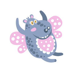 Cute cartoon smiling Hippo character flying like a butterfly vector Illustration
