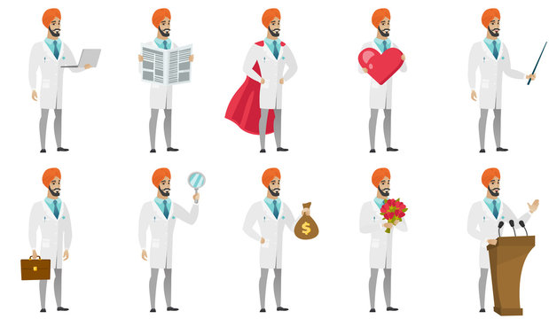 Muslim doctor vector illustrations set.