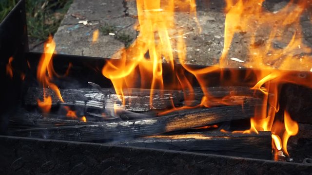 Coals burning in the brazier for barbecue. Bright burning wood. 4k realtime prores video