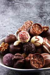 a lot of variety chocolate pralines, belgian confectionery gourm