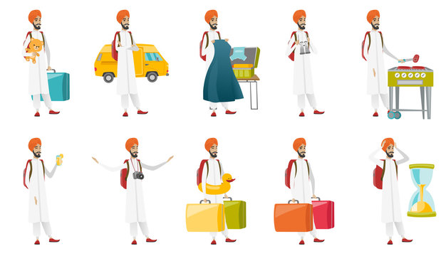 Muslim traveler vector illustrations set.