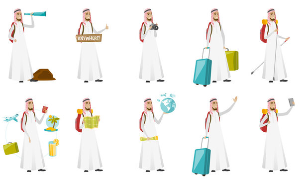 Young muslim traveler man vector illustrations set