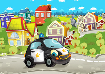 Obraz na płótnie Canvas Cartoon police car smiling and driving through the city - illustration for children