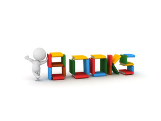 3D Character waving and leaning on "books sign made from books