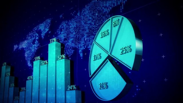 Bars and Pie charts.Growing business infographic stock market bar.Good for financial news report.Stock market intro.Growing city buildings.Blue Part 3