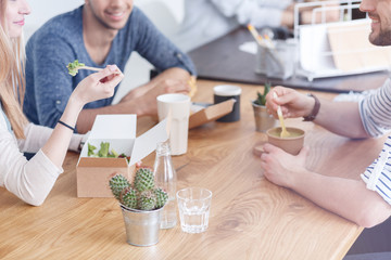 Employees eating lunch