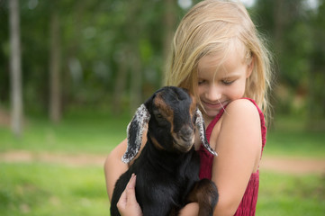 Adorable girl in park hold small beautiful baby goat