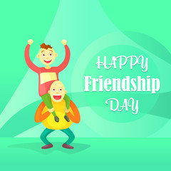 Card to the day of friendship. Flat composition, young guys one on one's shoulders, a crazy trick isolated on  abstract background. Cartoon style. .