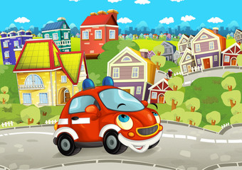 Cartoon fire brigade car smiling and looking in the parking lot - illustration for children