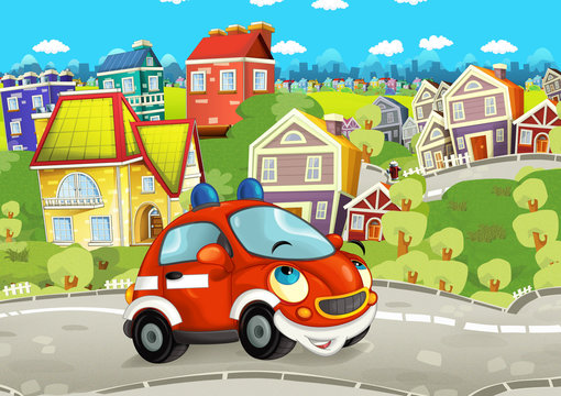 Cartoon fire brigade car smiling and looking in the parking lot - illustration for children © honeyflavour