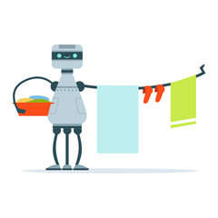 Housemaid android character hanging out laundry clothes vector Illustration