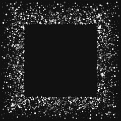 Random falling white dots. Square messy frame with random falling white dots on black background. Vector illustration.