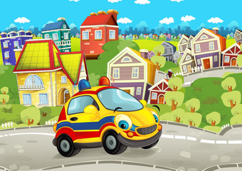 Cartoon ambulance car smiling and looking in the parking lot - illustration for children