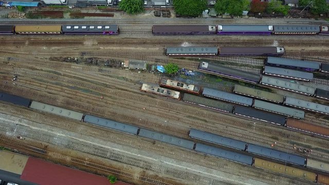 4K Top view of trains moving on railroad