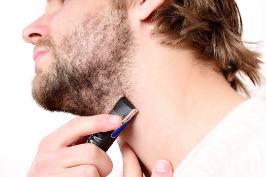 Mans Neck With Fair Beard. Bearded Guy And Shaver