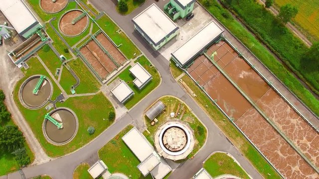 Aerial view of public sewage treatment plant for 22, 000 inhabitants of Klatovy city in Czech Republic, Europe. Environment and industry from above. 