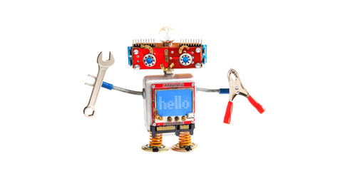 Handyman robot chat bot with hand wrench, pliers on white background. Smiley red head mechanical cyborg, blue monitor body. Message hello on blue monitor display.